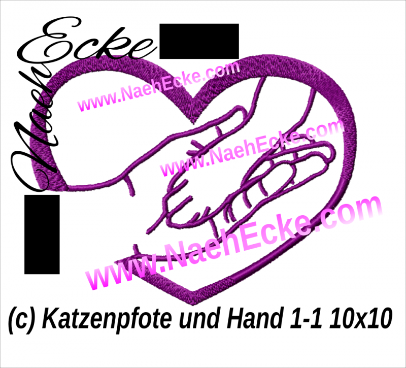 Stickdatei Katzenpfote & Hand 1 mit Herz 10x10