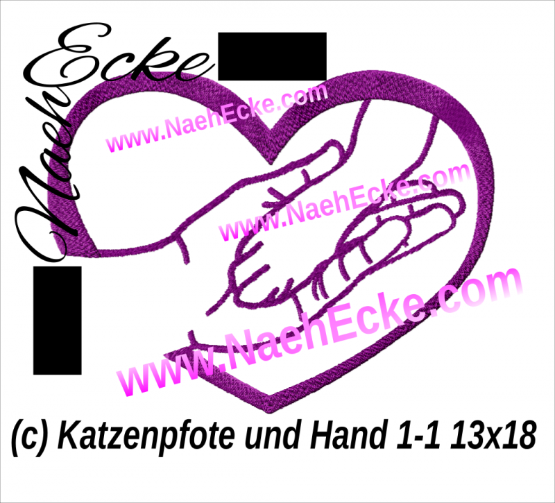 Stickdatei Katzenpfote & Hand 1 mit Herz 13x18